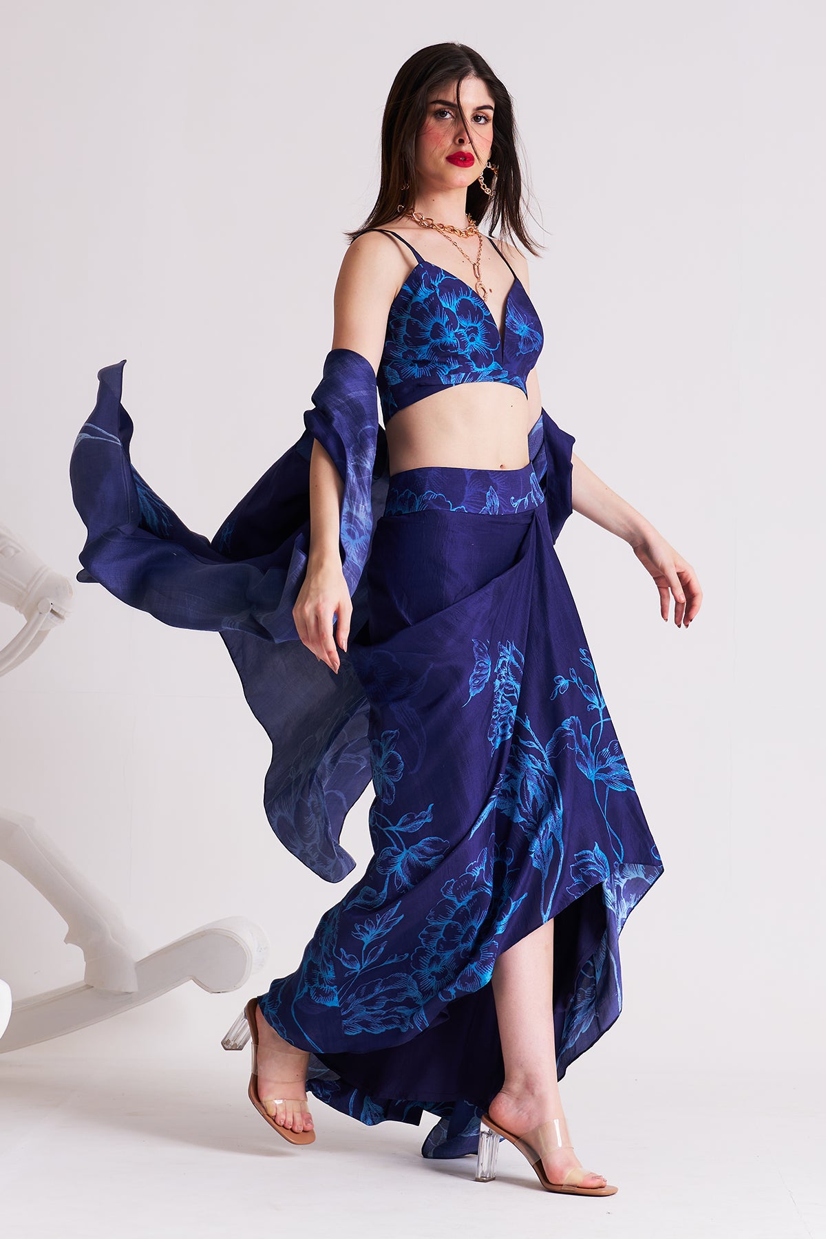 Co-ord set with cape and drape skirt