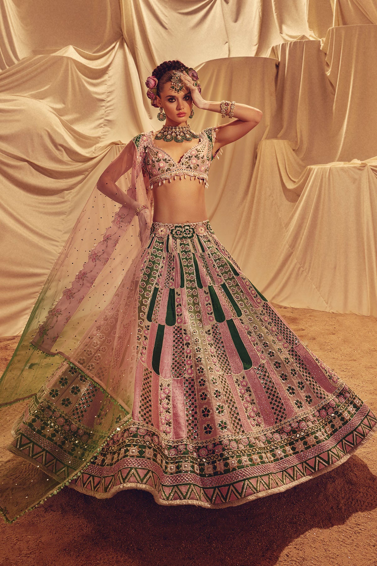 Green and pink grid lehenga