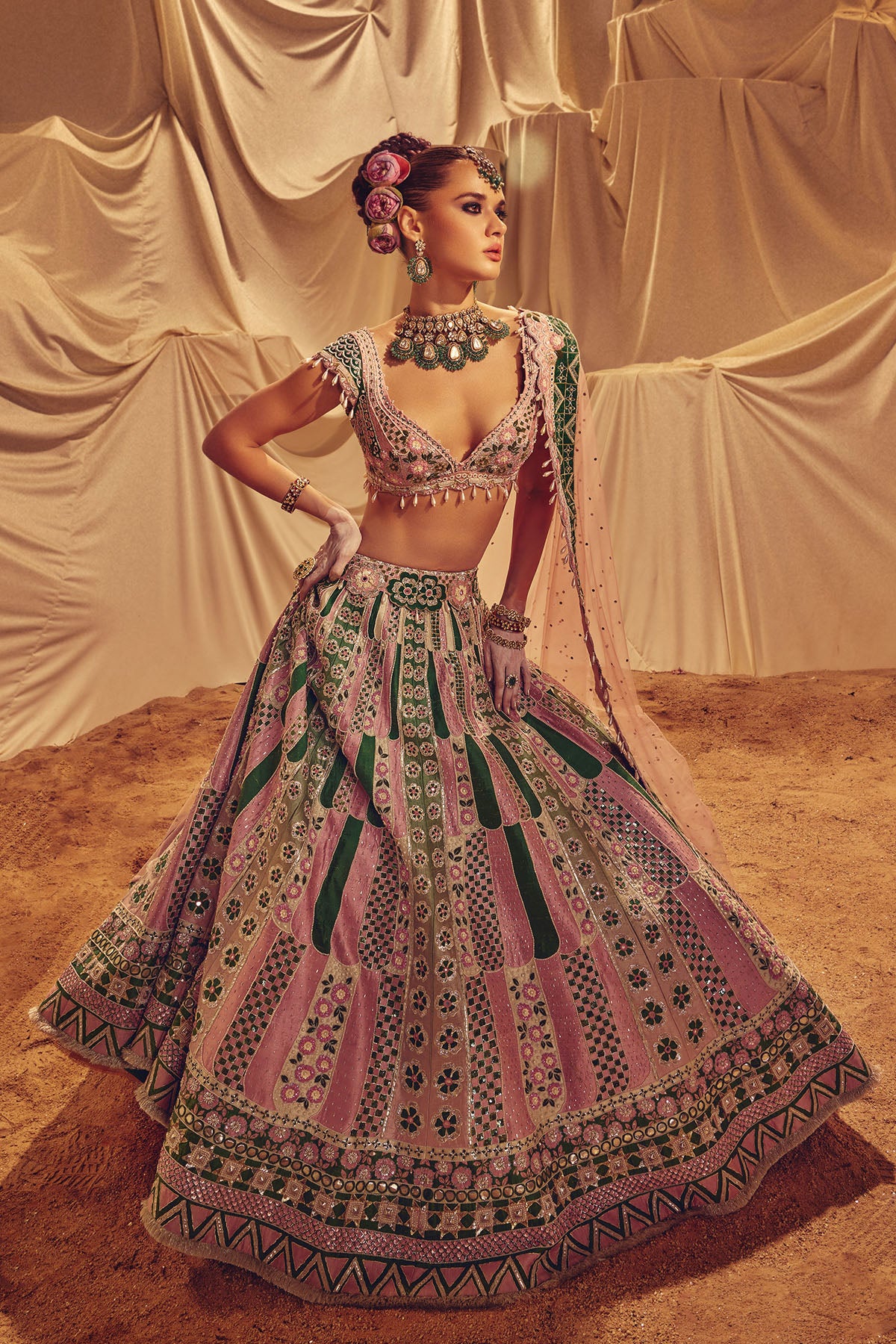 Green and pink grid lehenga