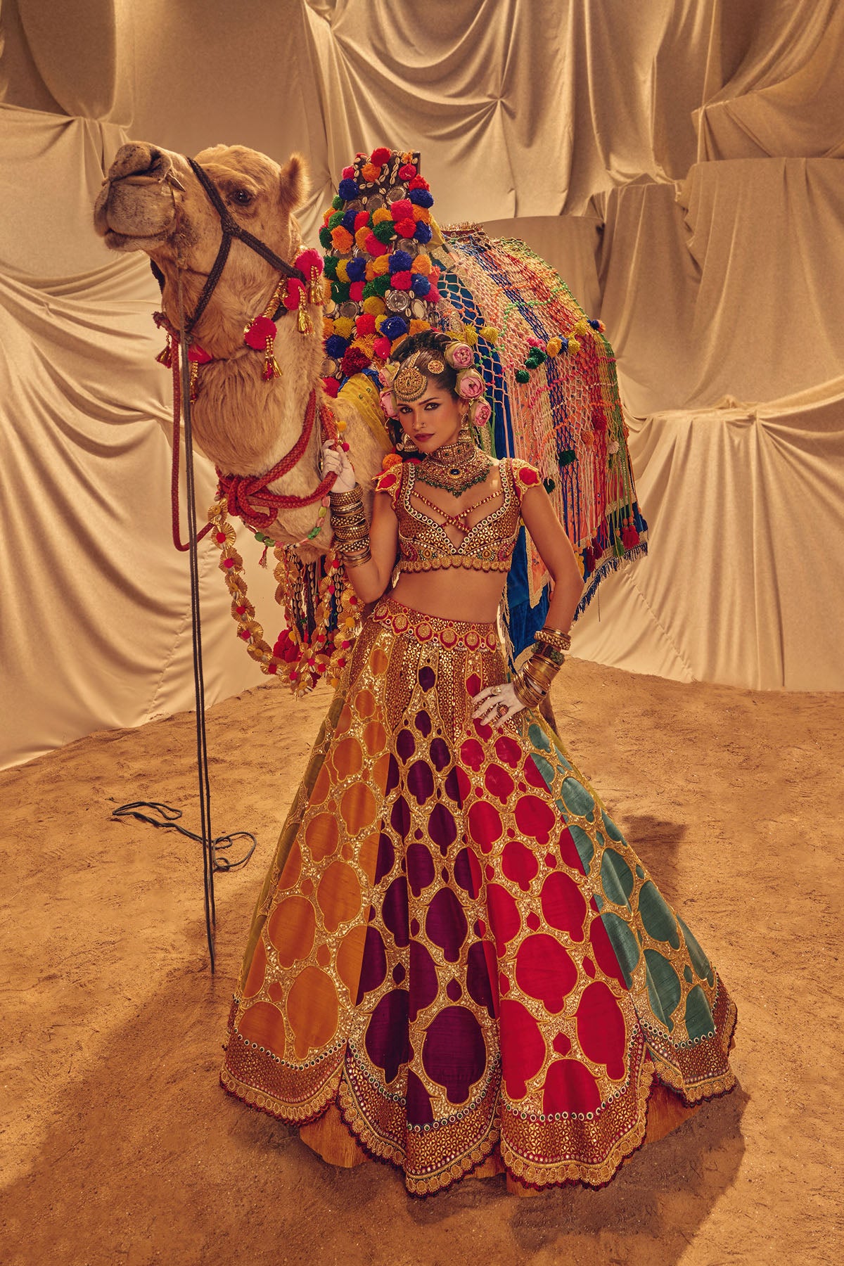 Multicolor bold motif jewel lehenga