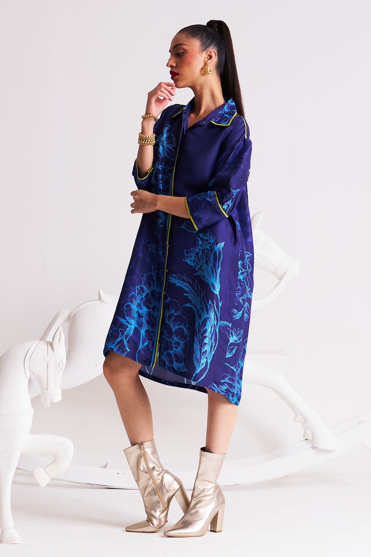 Box yoke pleated dress