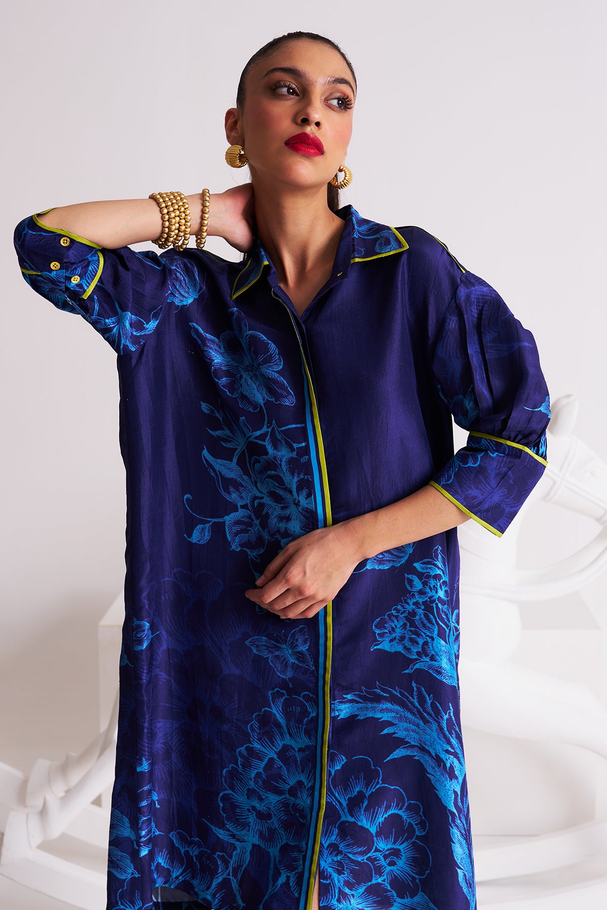 Box yoke pleated dress