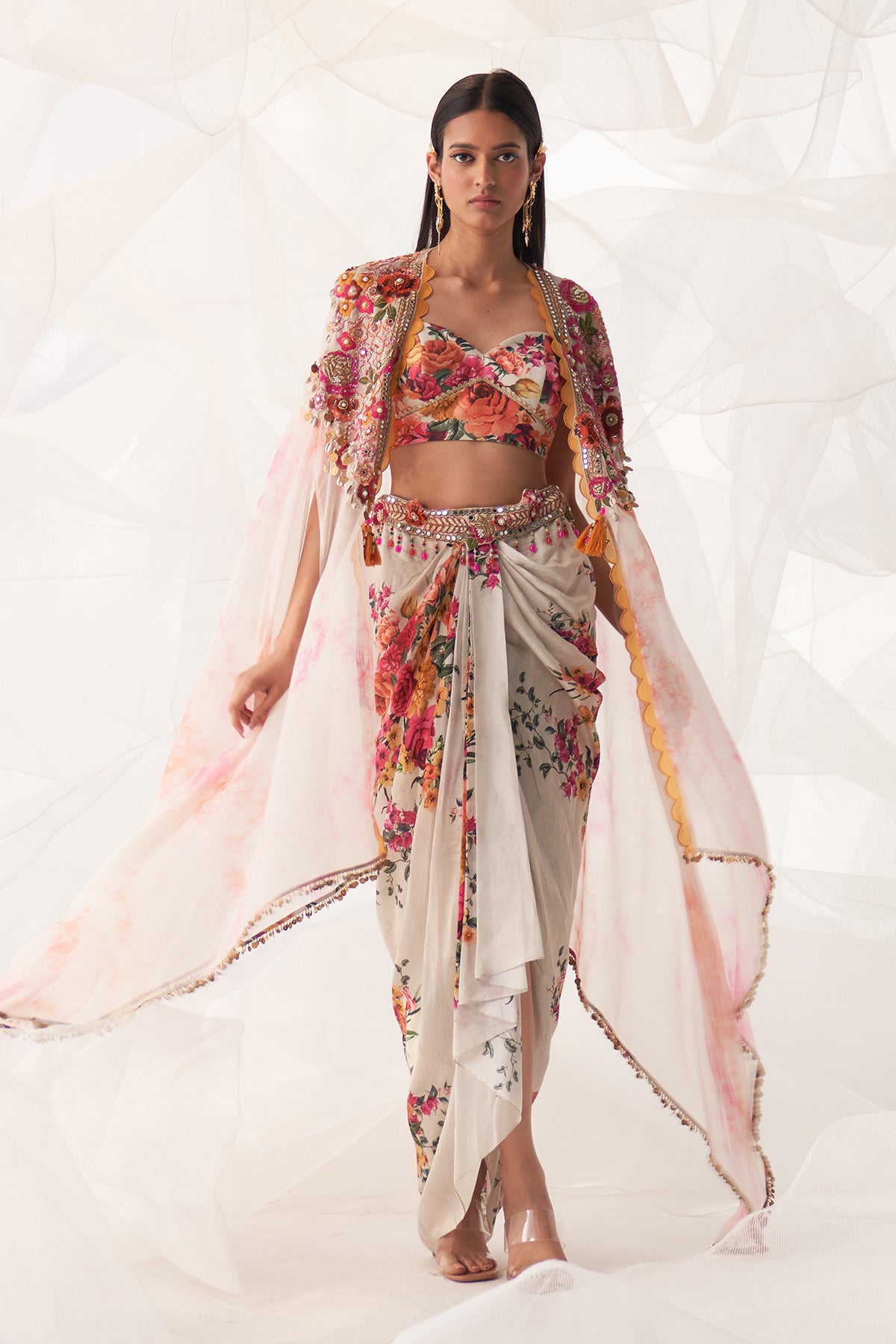 IVORY MULTI FLORAL DRAPE CAPE SET