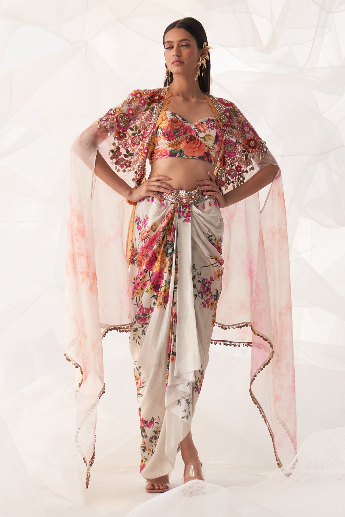 IVORY MULTI FLORAL DRAPE CAPE SET