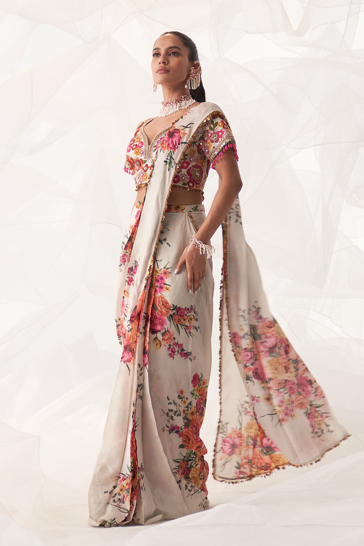 IVORY MULTI FLORAL DRAPE SAREE