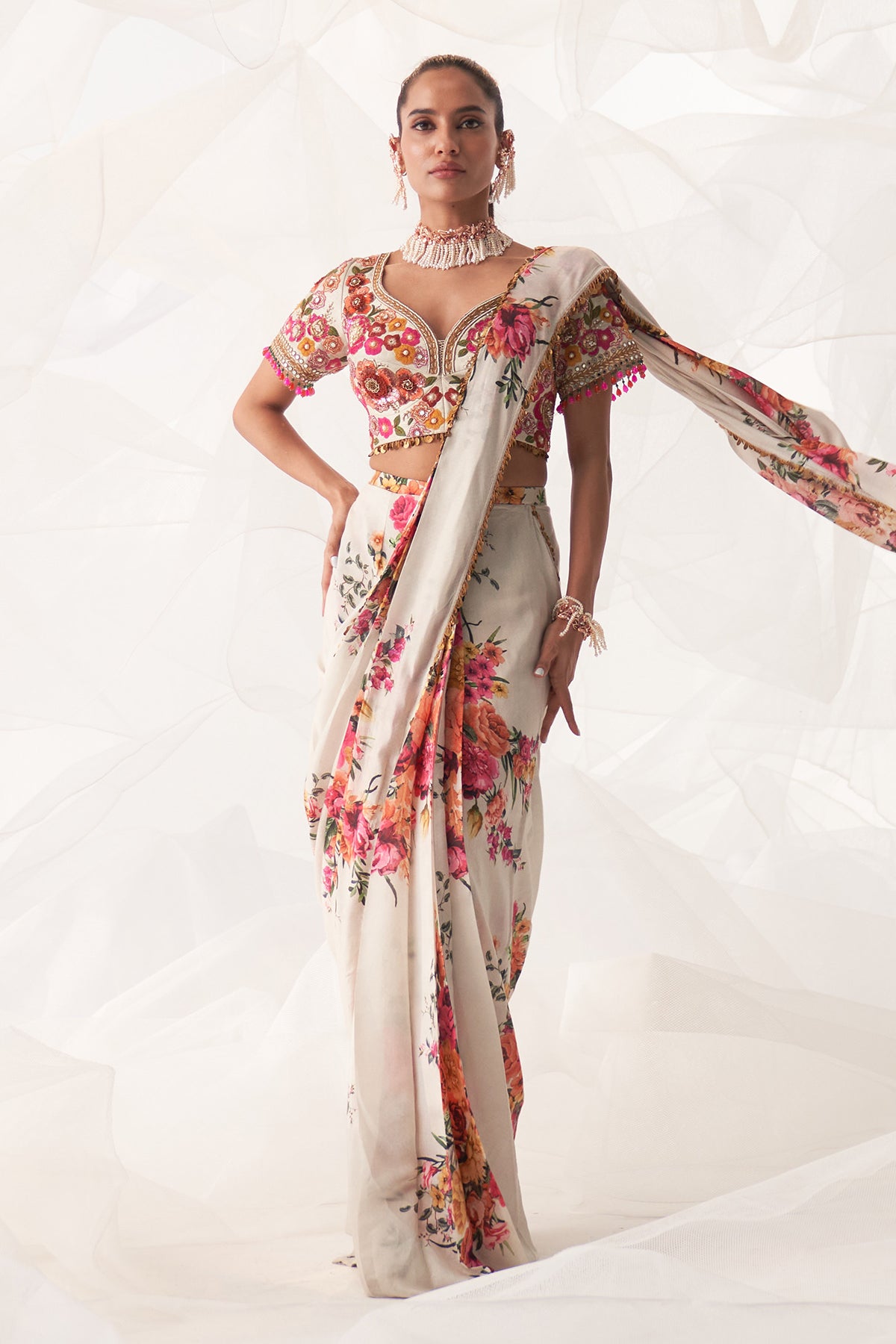 IVORY MULTI FLORAL DRAPE SAREE