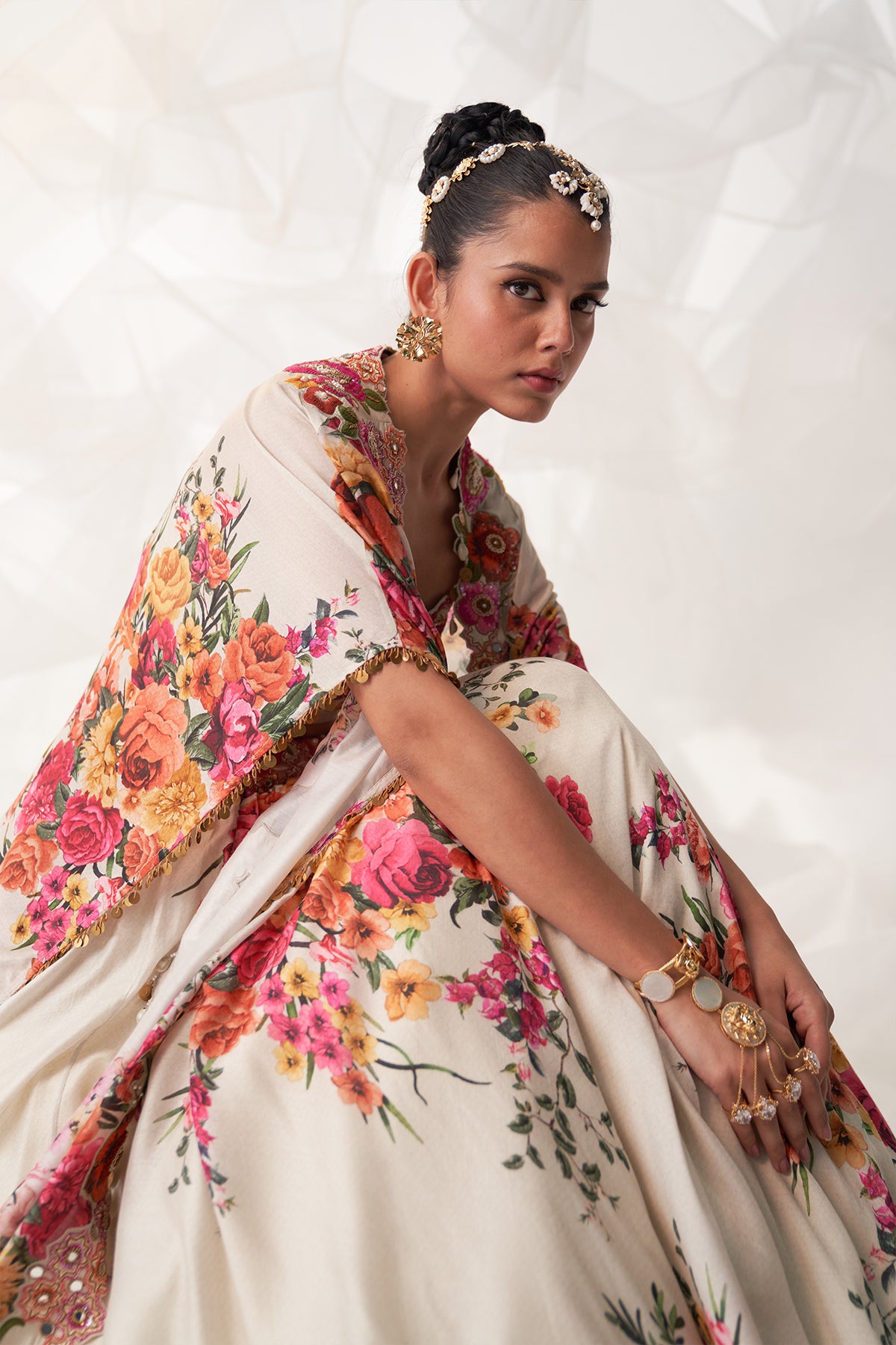 IVORY MULTI FLORAL CAPE LEHENGA SET