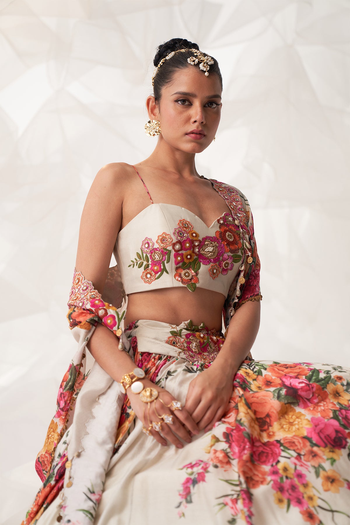 IVORY MULTI FLORAL CAPE LEHENGA SET