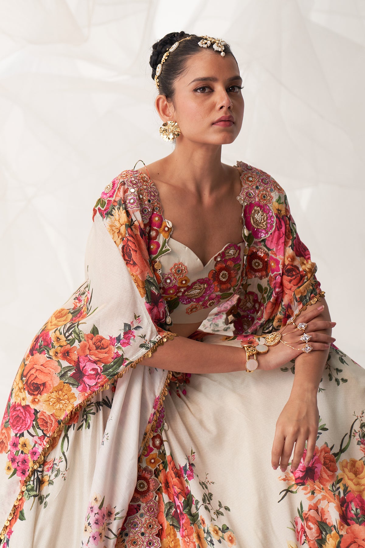 IVORY MULTI FLORAL CAPE LEHENGA SET