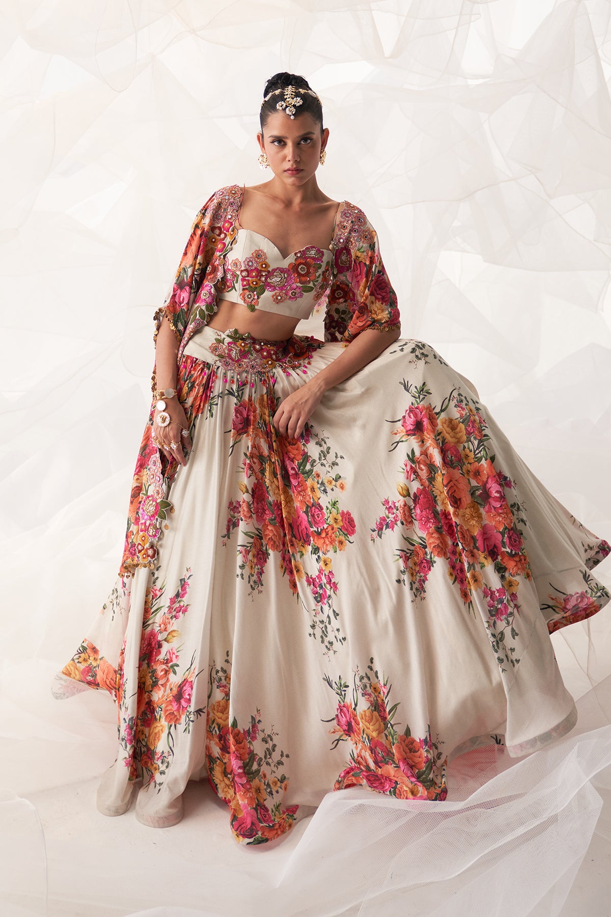 IVORY MULTI FLORAL CAPE LEHENGA SET