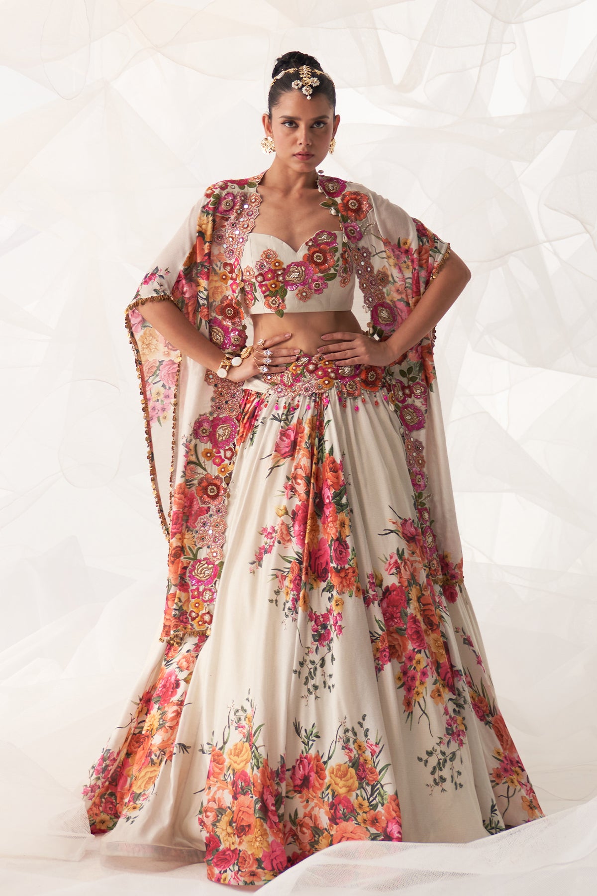 IVORY MULTI FLORAL CAPE LEHENGA SET
