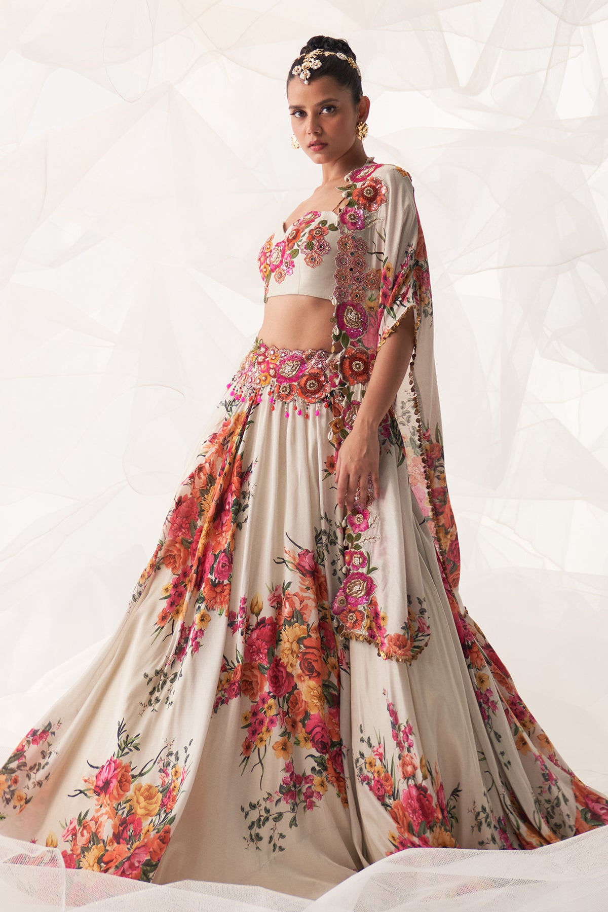 IVORY MULTI FLORAL CAPE LEHENGA SET