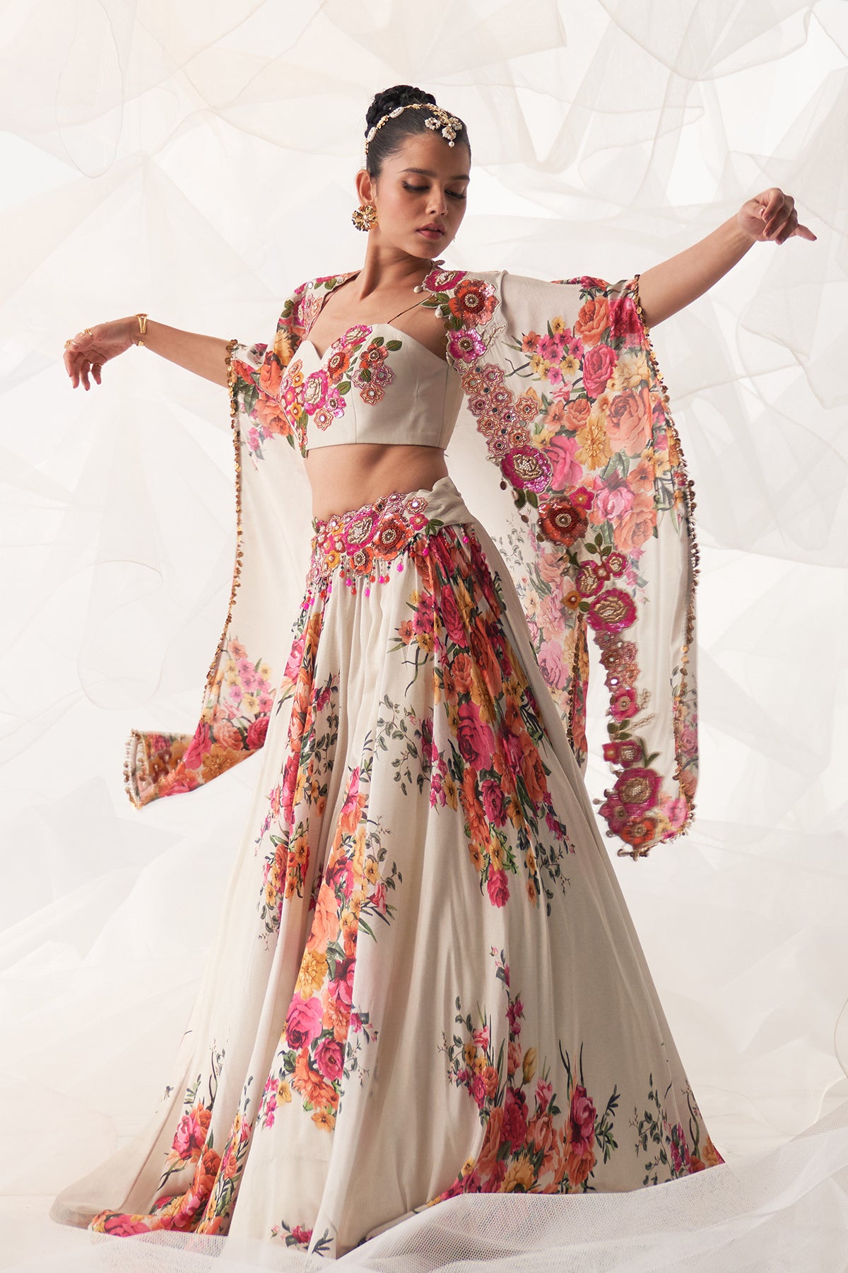 IVORY MULTI FLORAL CAPE LEHENGA SET