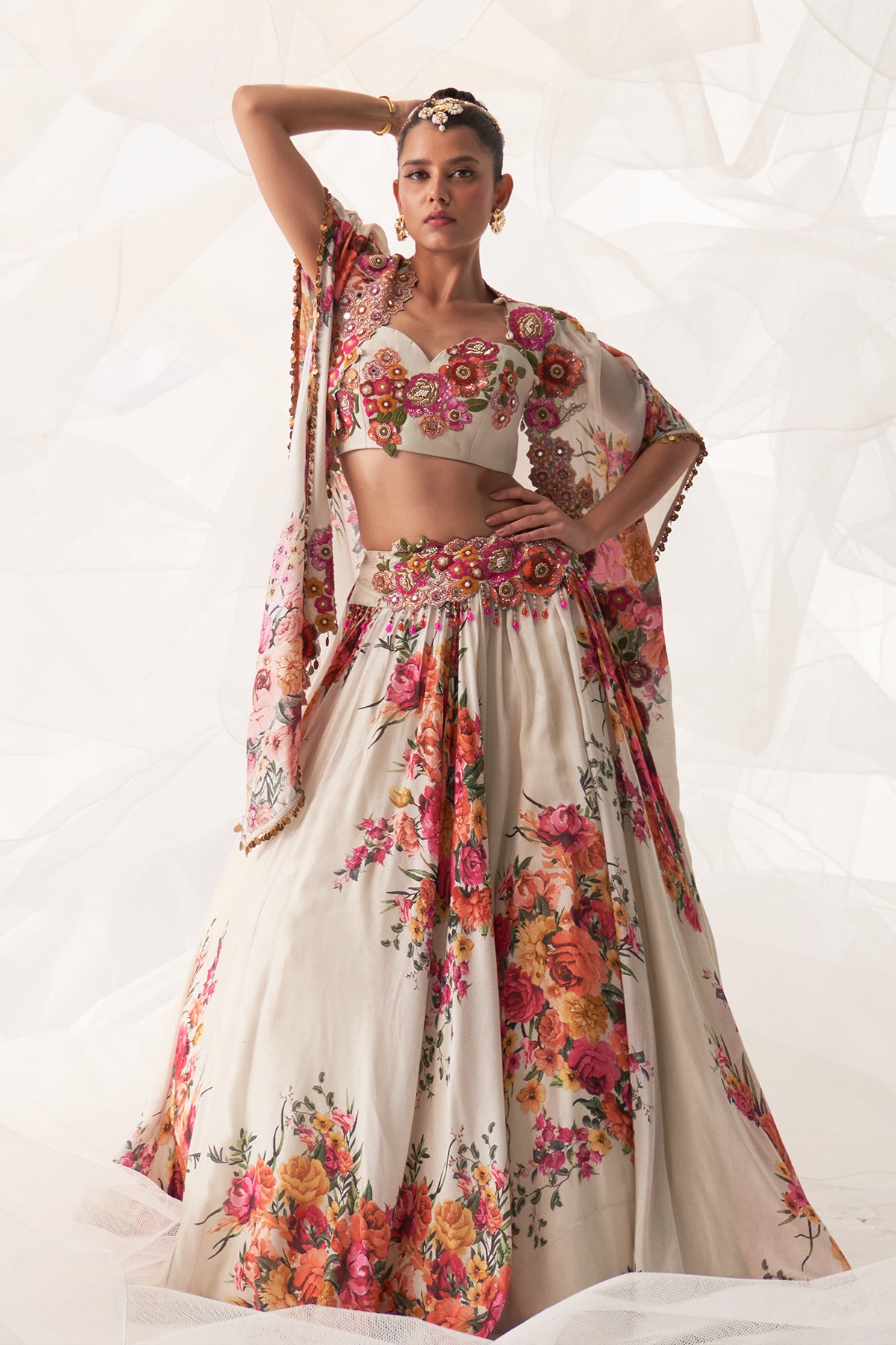 IVORY MULTI FLORAL CAPE LEHENGA SET