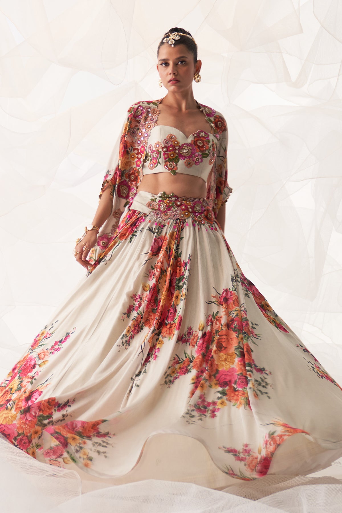 IVORY MULTI FLORAL CAPE LEHENGA SET