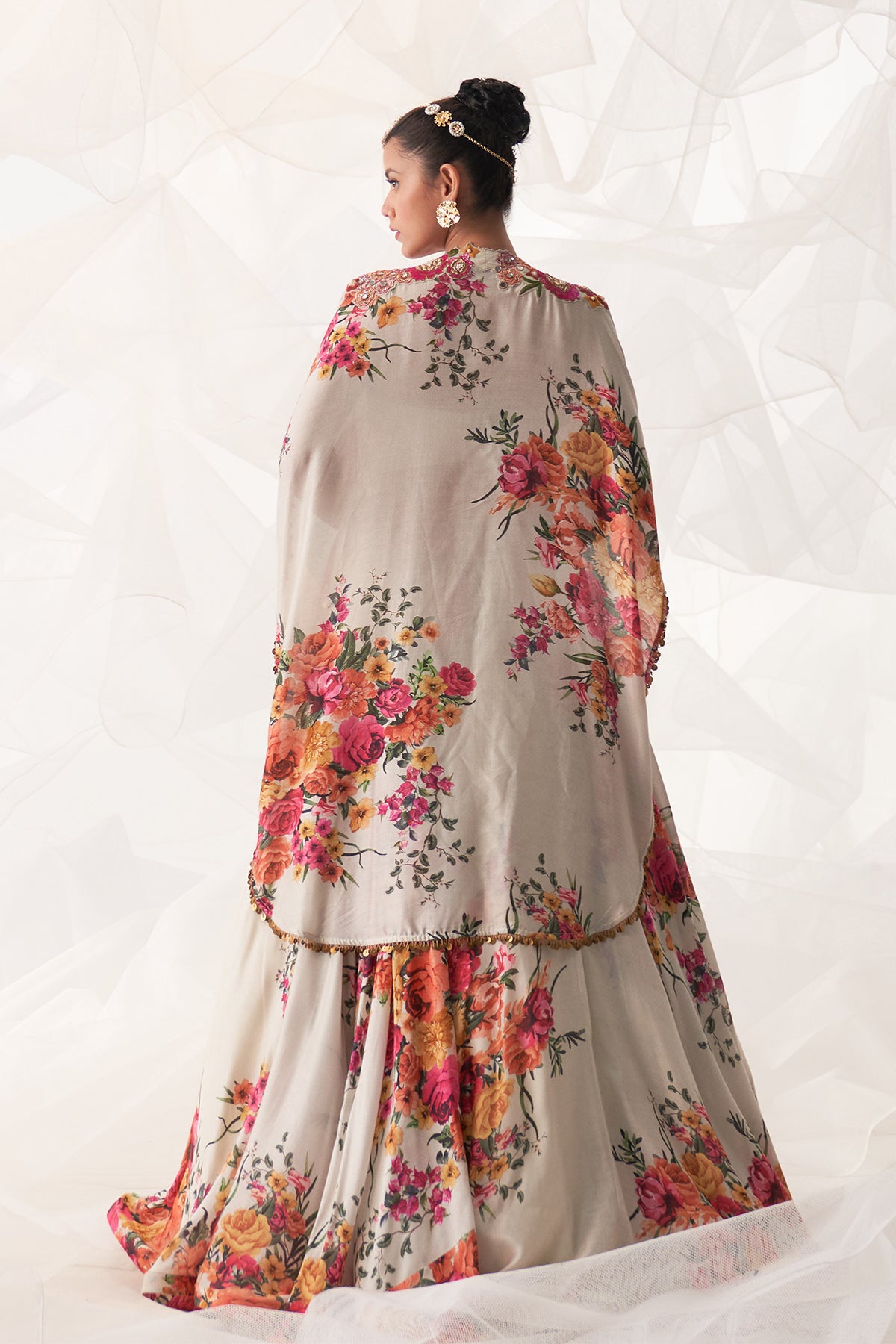 IVORY MULTI FLORAL CAPE LEHENGA SET