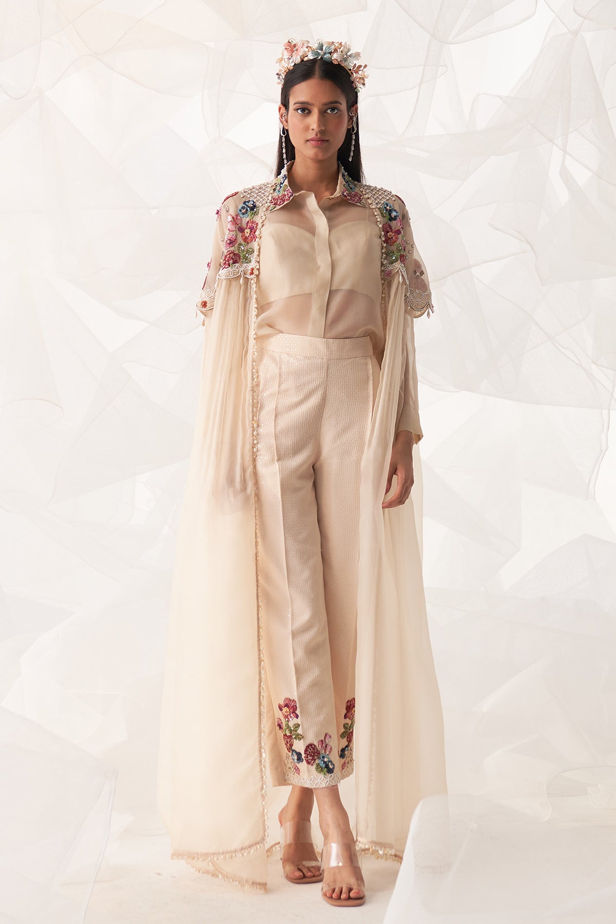 LONG CAPE ORGANZA AND SEQUIN TROUSER