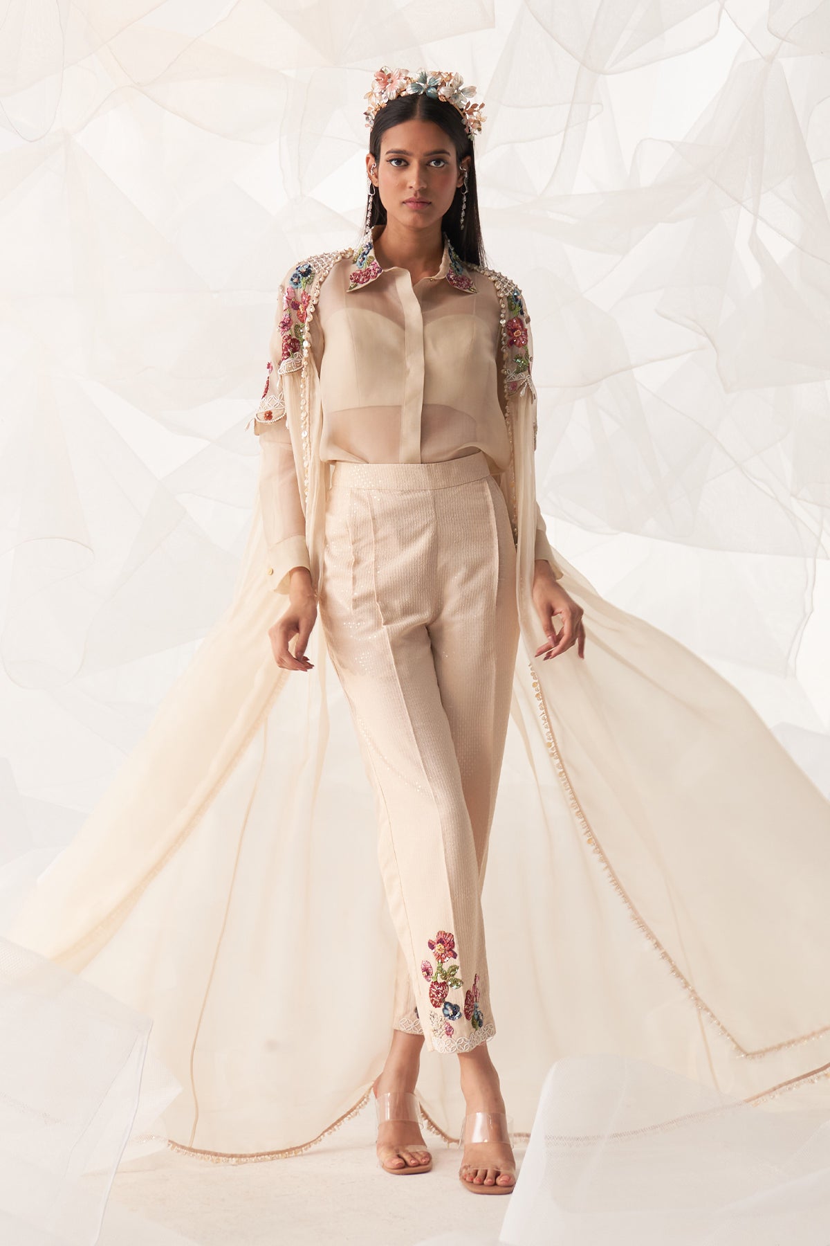LONG CAPE ORGANZA AND SEQUIN TROUSER