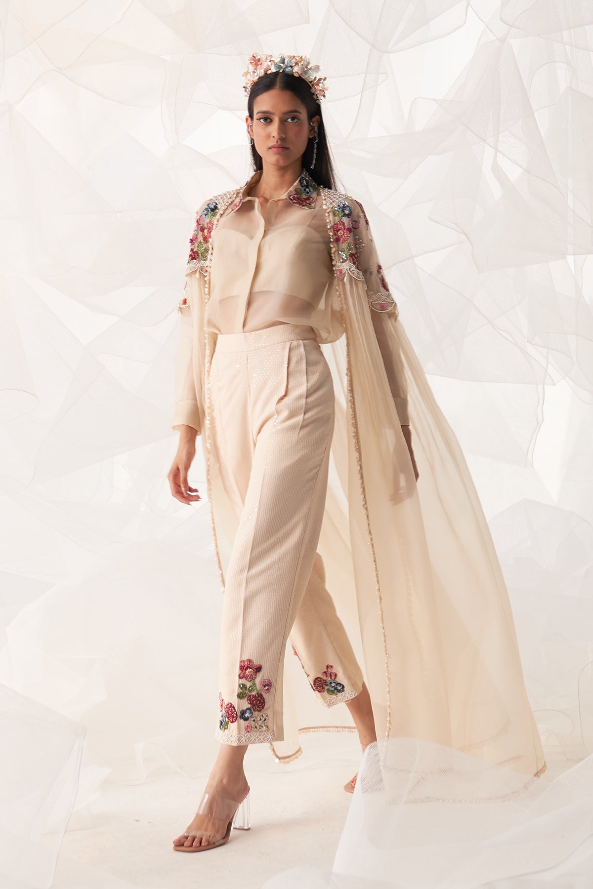 LONG CAPE ORGANZA AND SEQUIN TROUSER