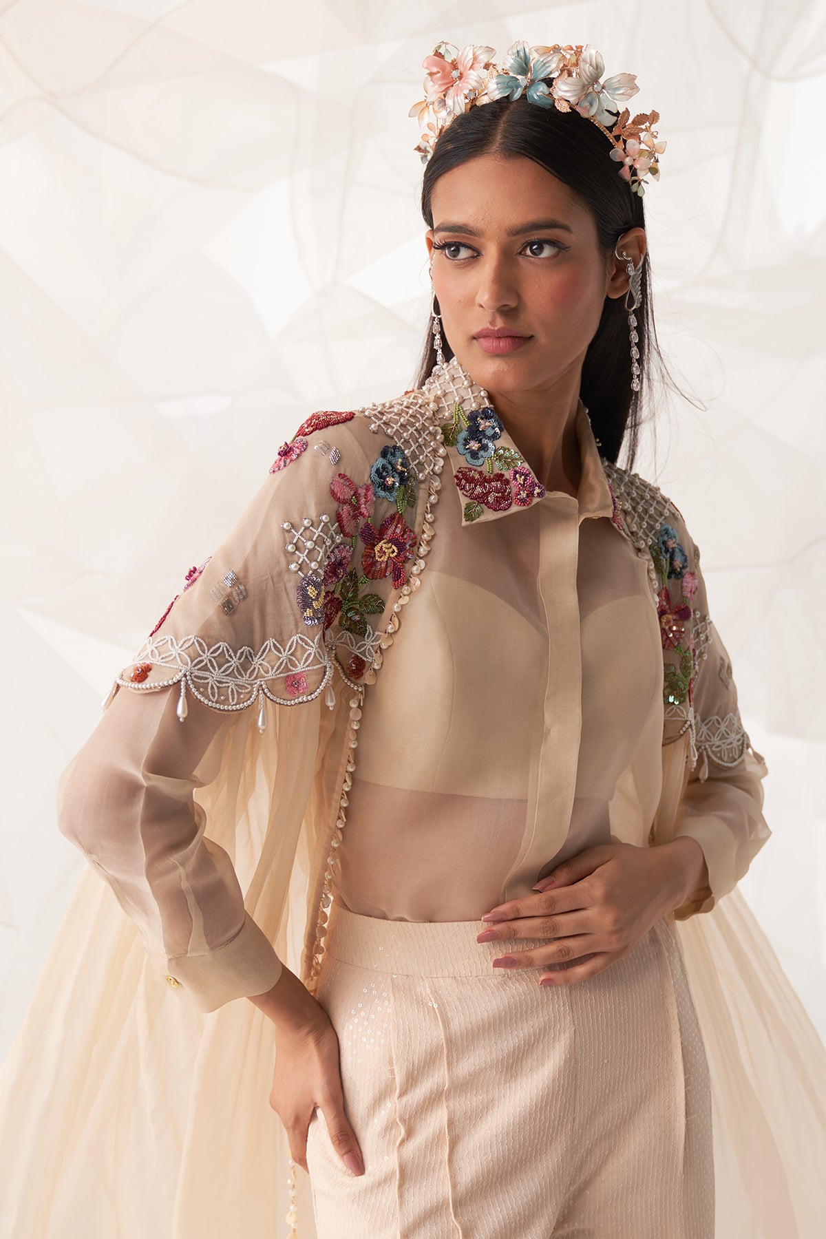 LONG CAPE ORGANZA AND SEQUIN TROUSER