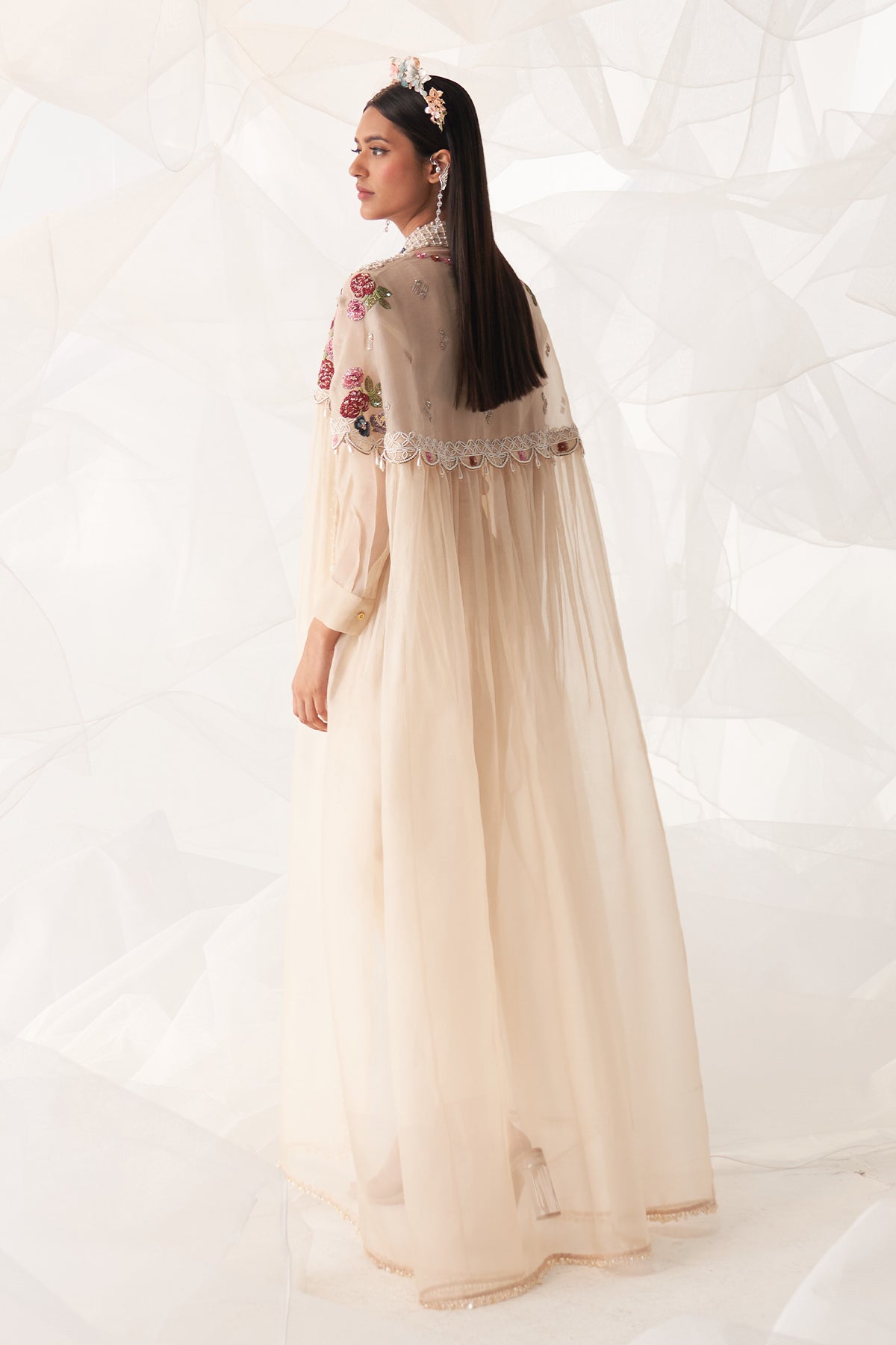 LONG CAPE ORGANZA AND SEQUIN TROUSER