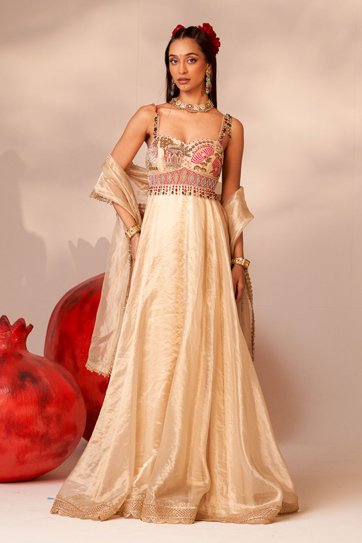 Gold bustier anarkali set