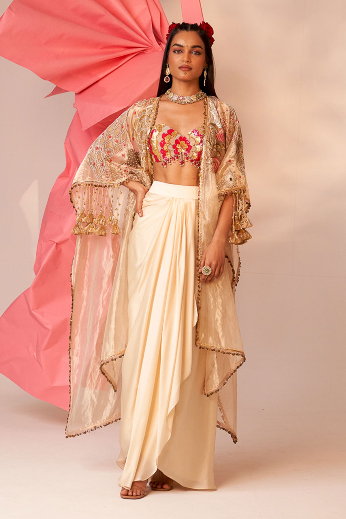 Gold cape drape skirt set