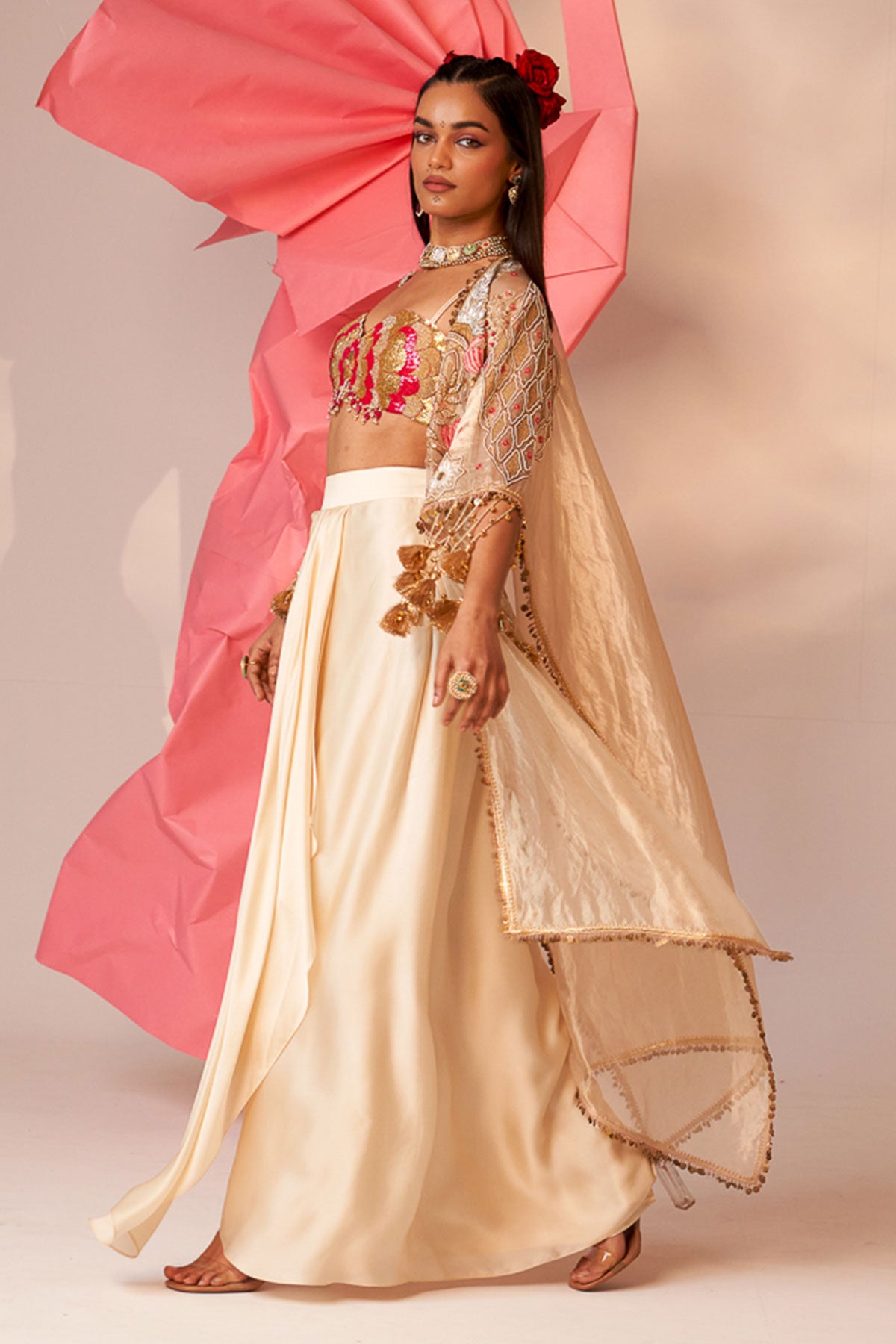 Gold cape drape skirt set