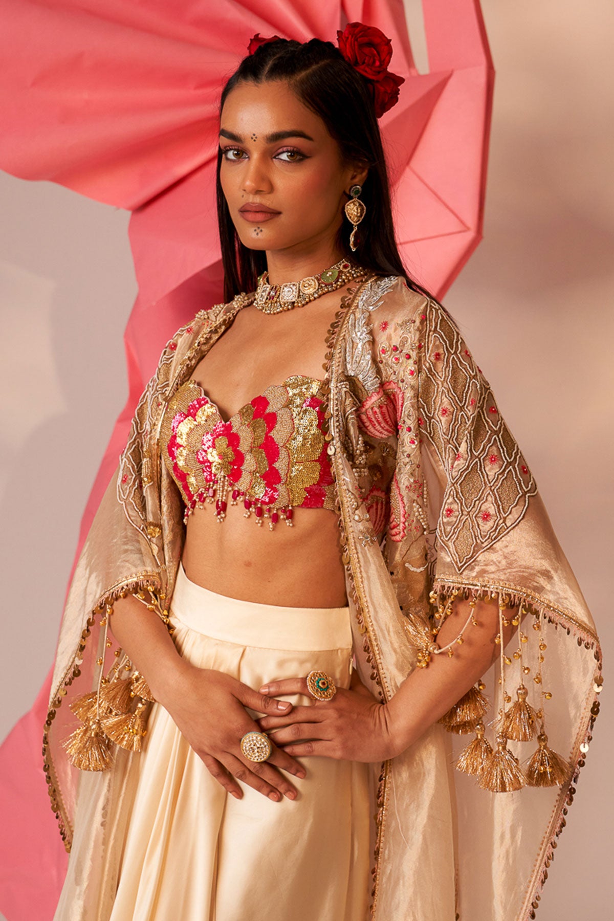 Gold cape drape skirt set