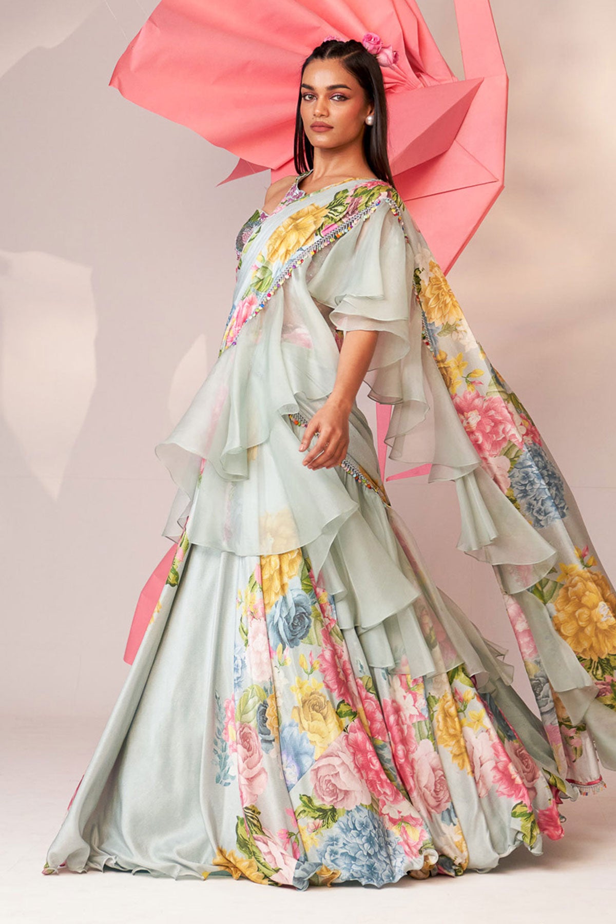 Ruffle drape lehenga saree