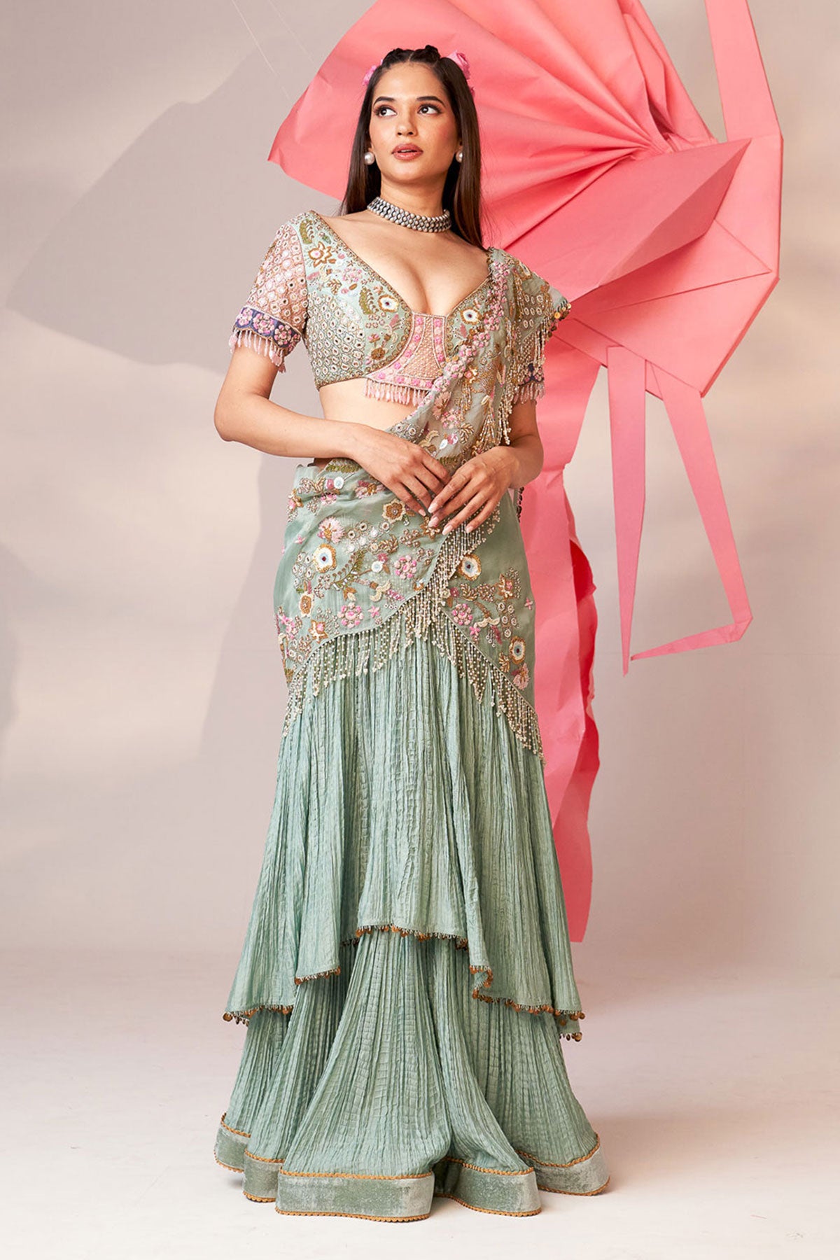 Crinkle drape saree set