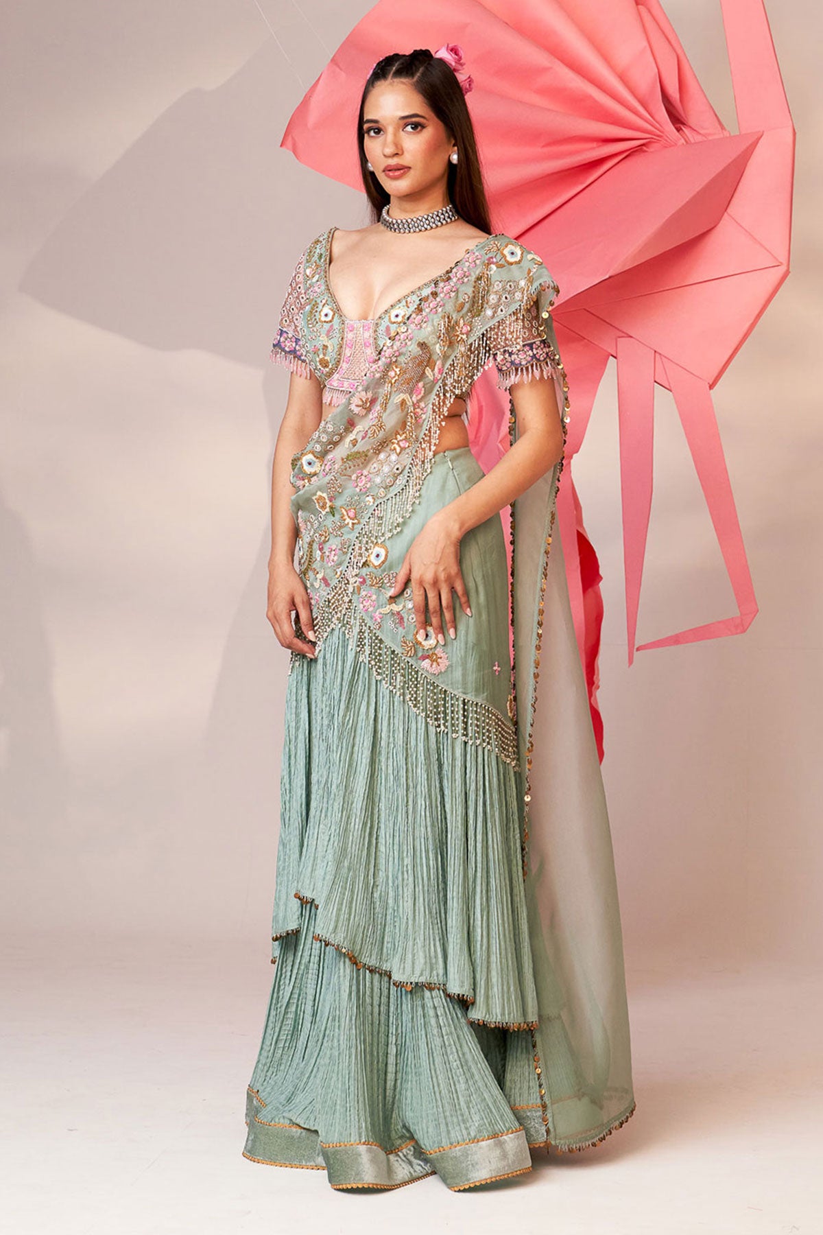 Crinkle drape saree set