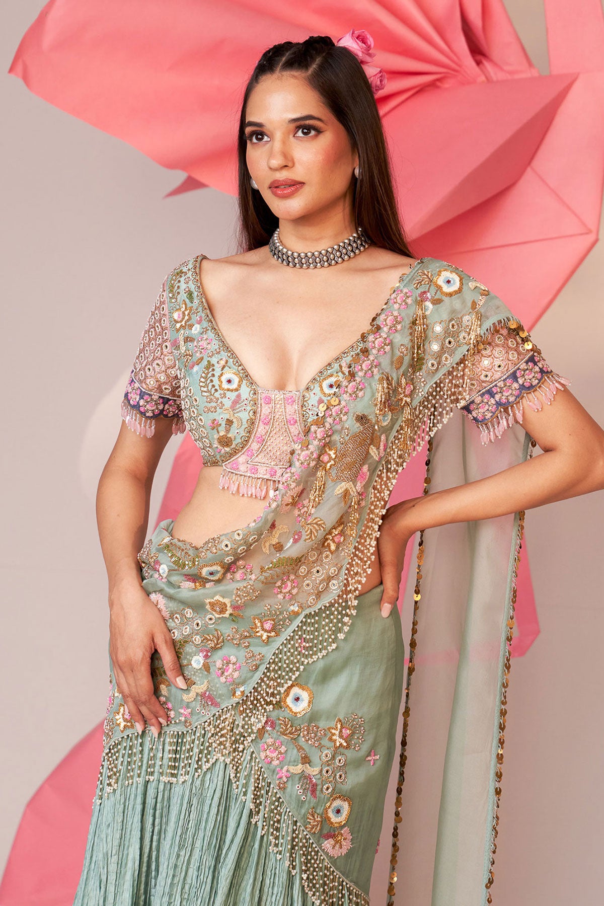 Crinkle drape saree set