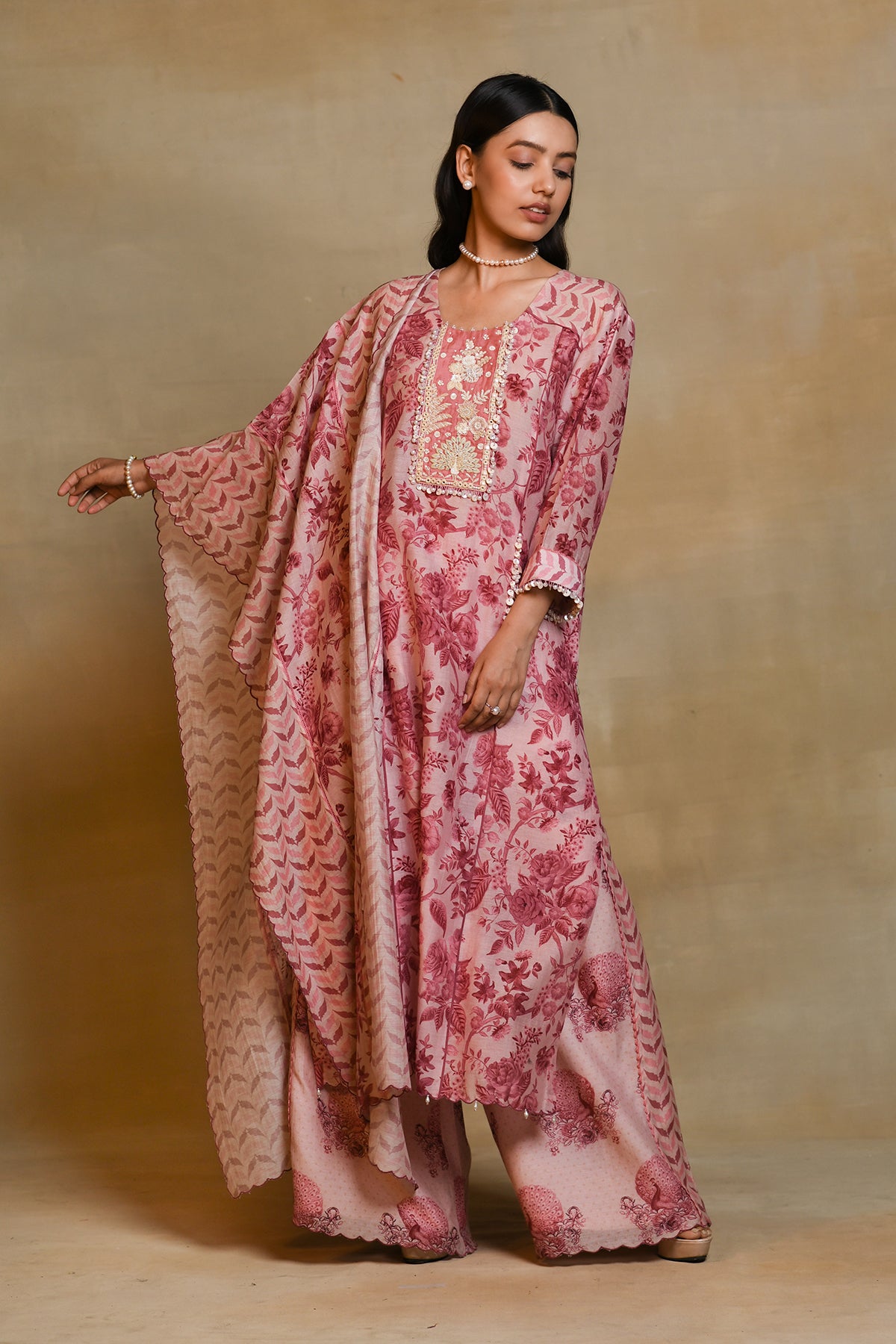 Chandni Pink Floral Peacock York Kurta Set