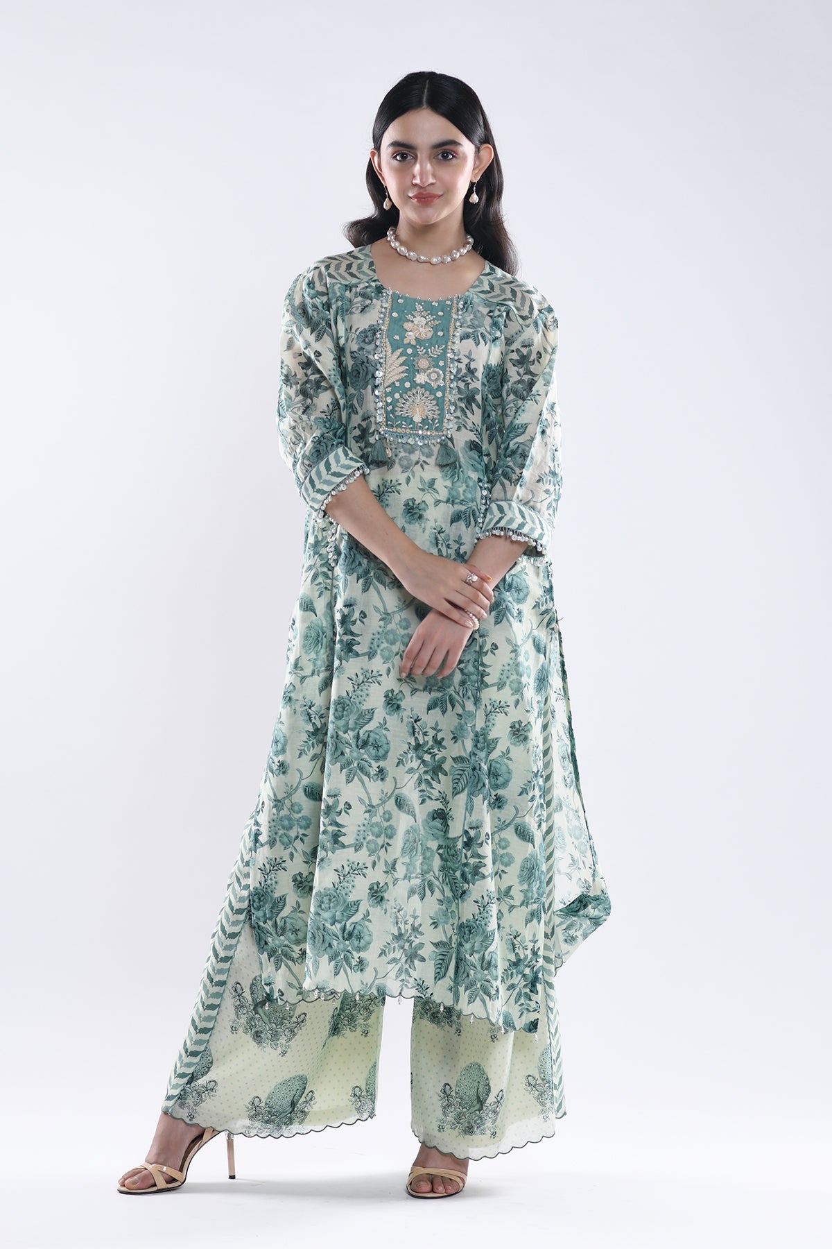 Chandni Sage Green Floral Peacock York Kurta Set