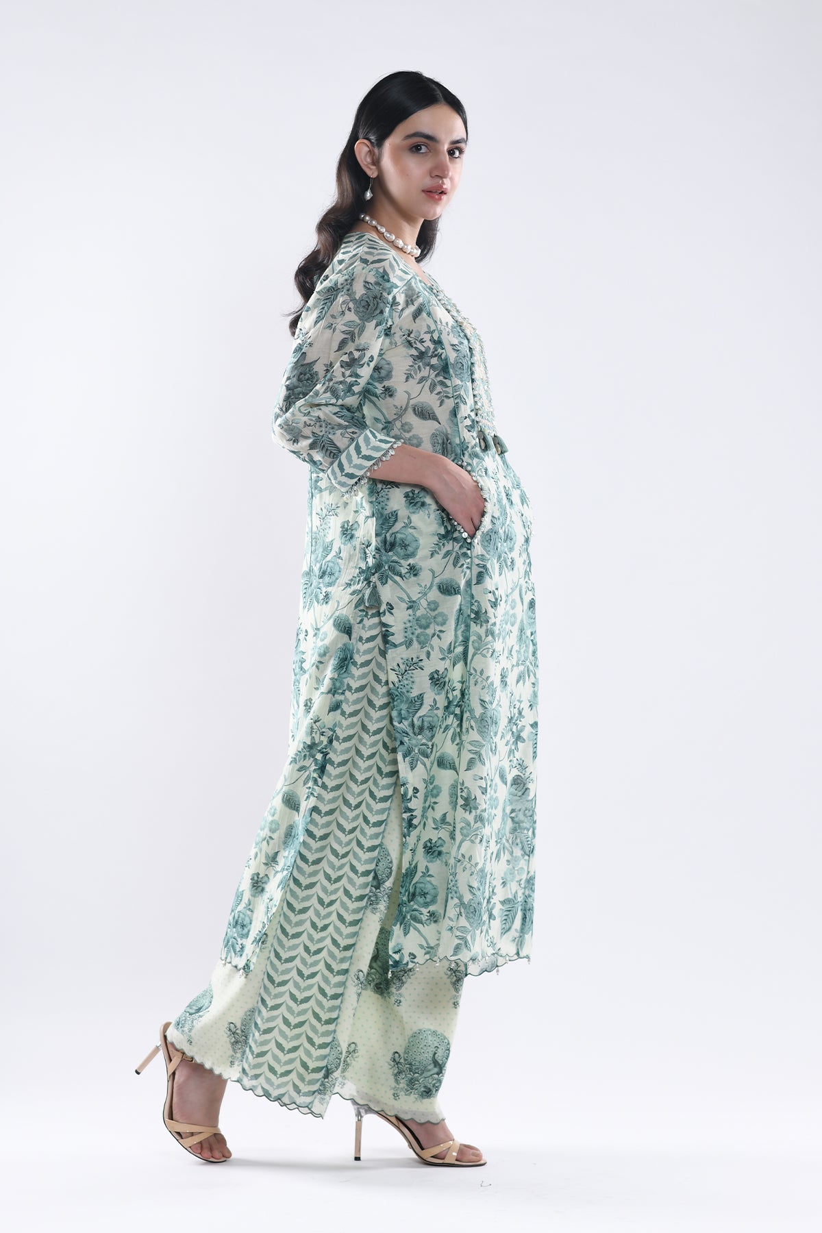 Chandni Sage Green Floral Peacock York Kurta Set