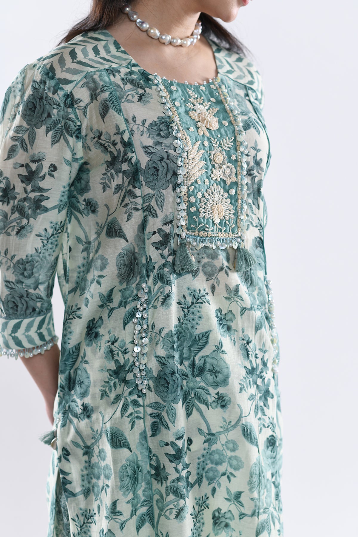 Chandni Sage Green Floral Peacock York Kurta Set