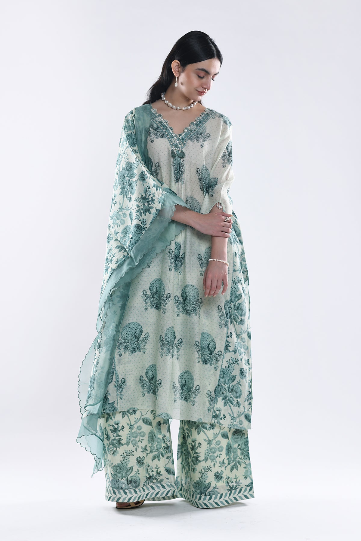 Chandni Sage Green Scallop Border Panelled Kurta Set