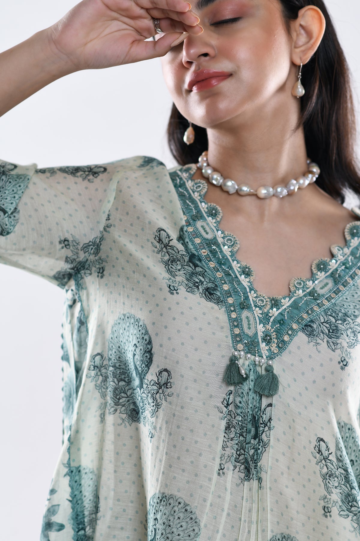 Chandni Sage Green Scallop Border Panelled Kurta Set