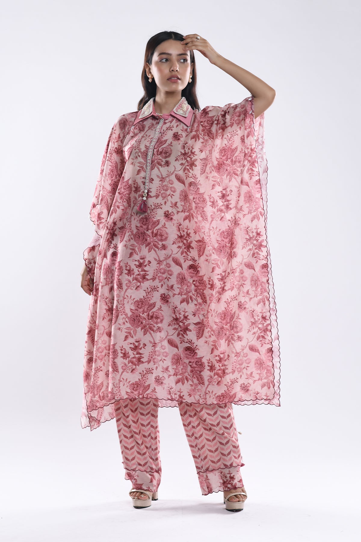 Chandni Pink Embellished Collar Kaftaan Set