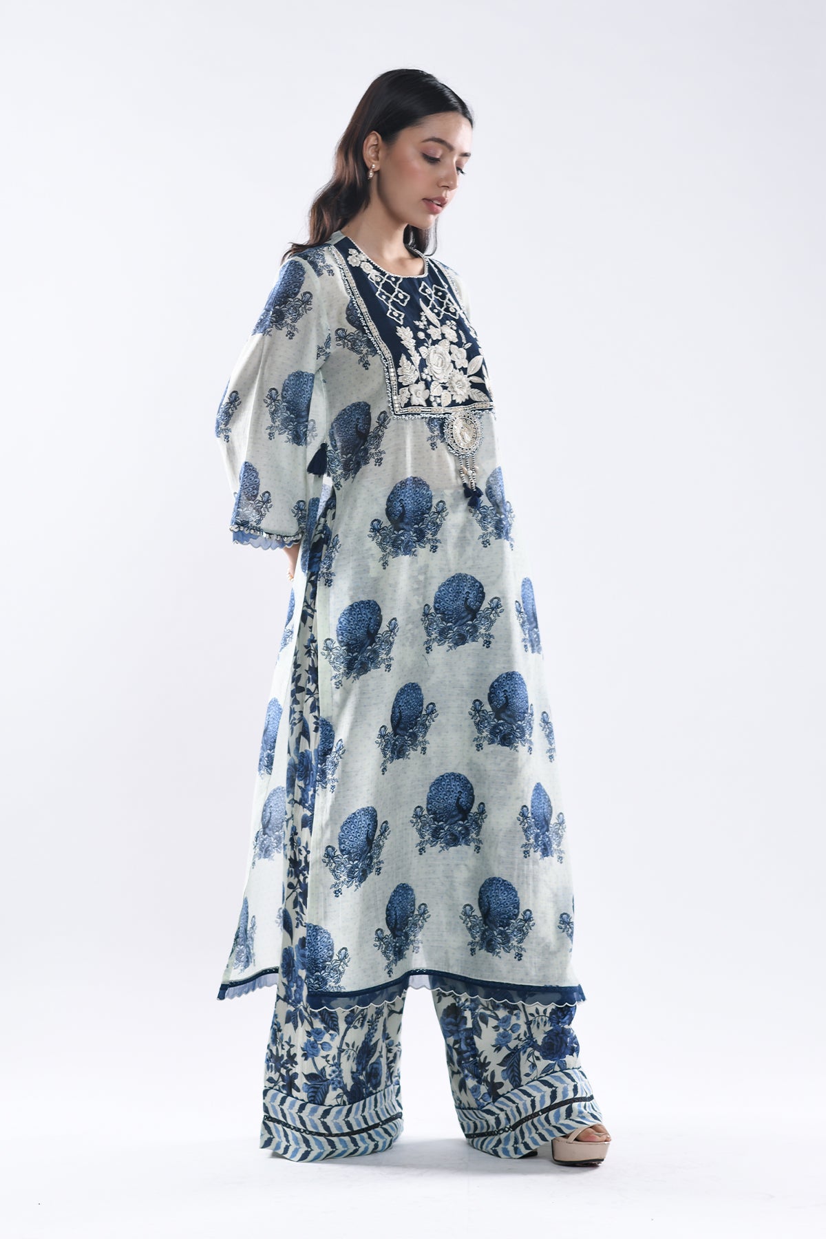 Chandni Blue Floral Jaali Kurta Set