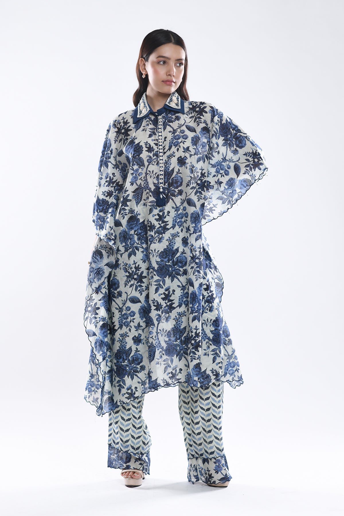 Chandni Blue Embellished Collar Kaftaan Set