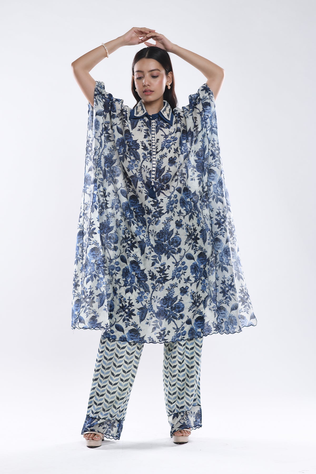 Chandni Blue Embellished Collar Kaftaan Set