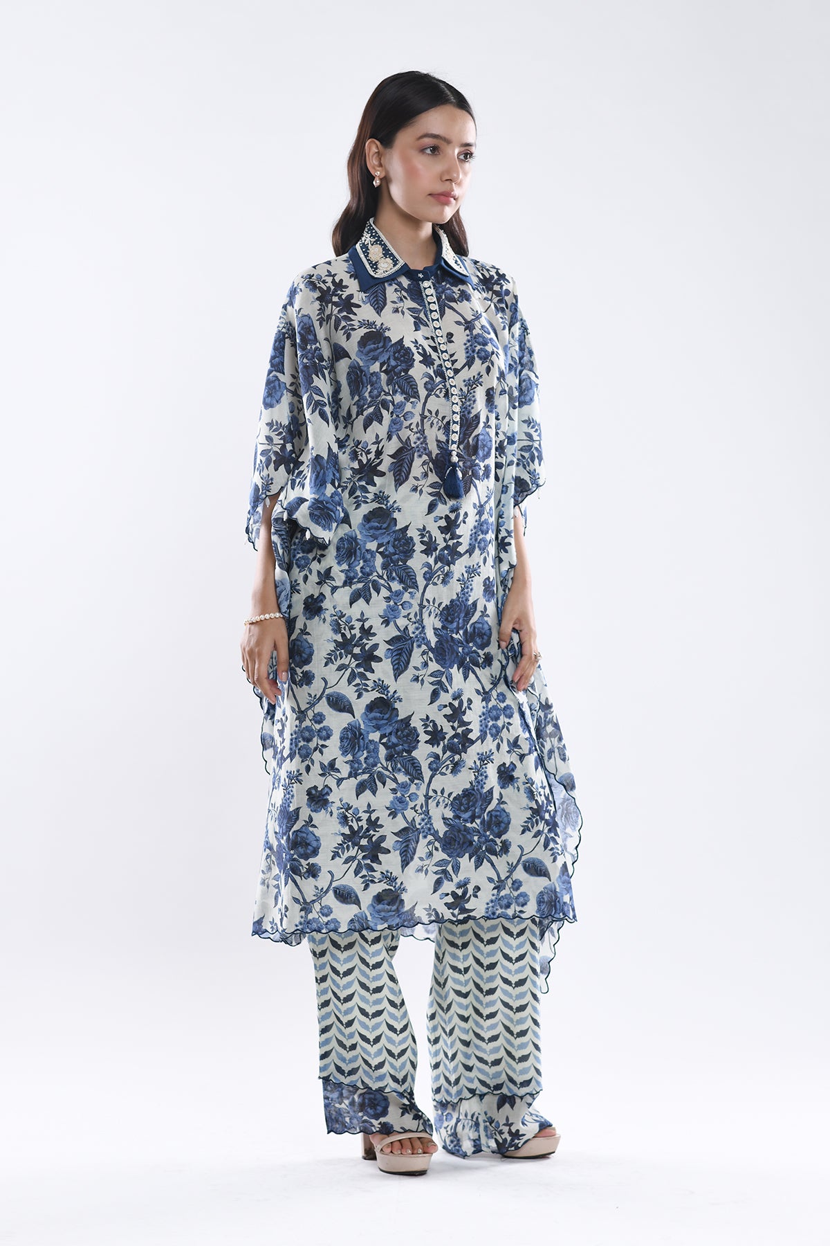 Chandni Blue Embellished Collar Kaftaan Set