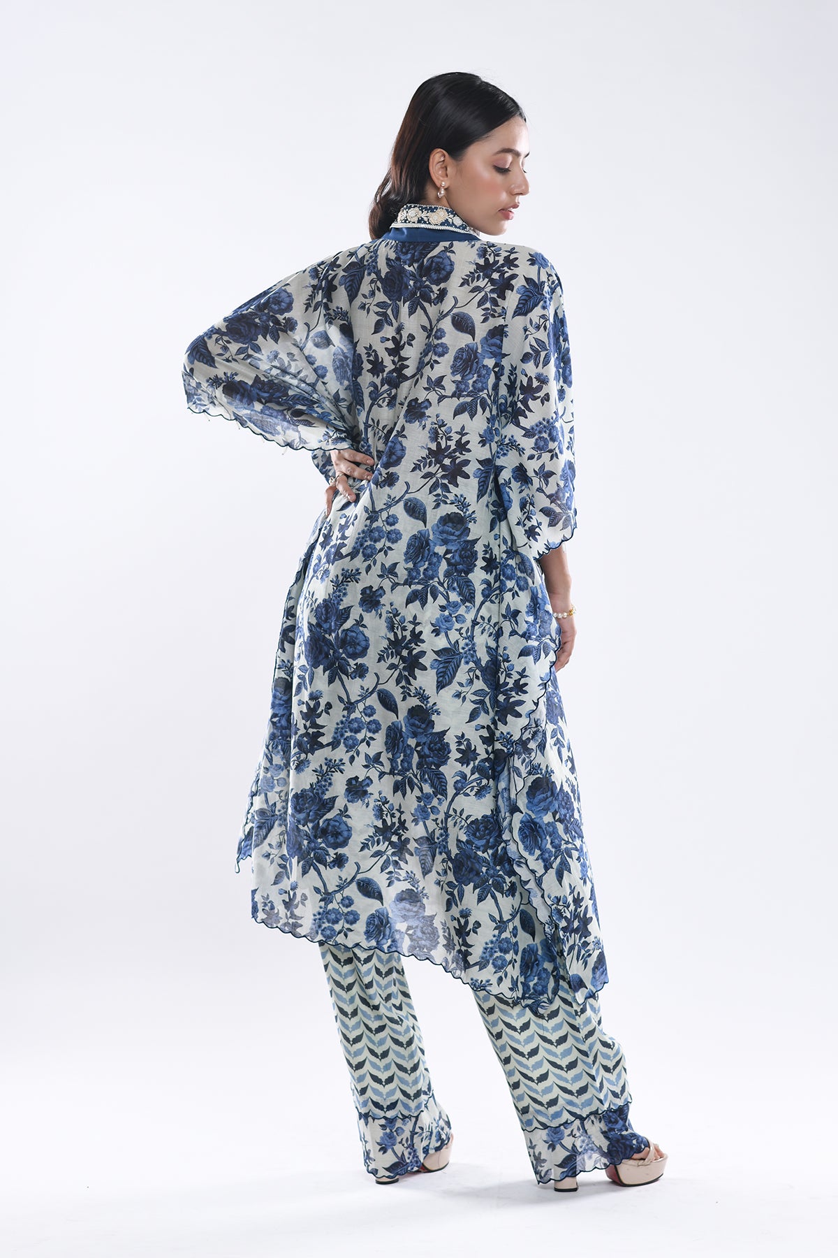 Chandni Blue Embellished Collar Kaftaan Set