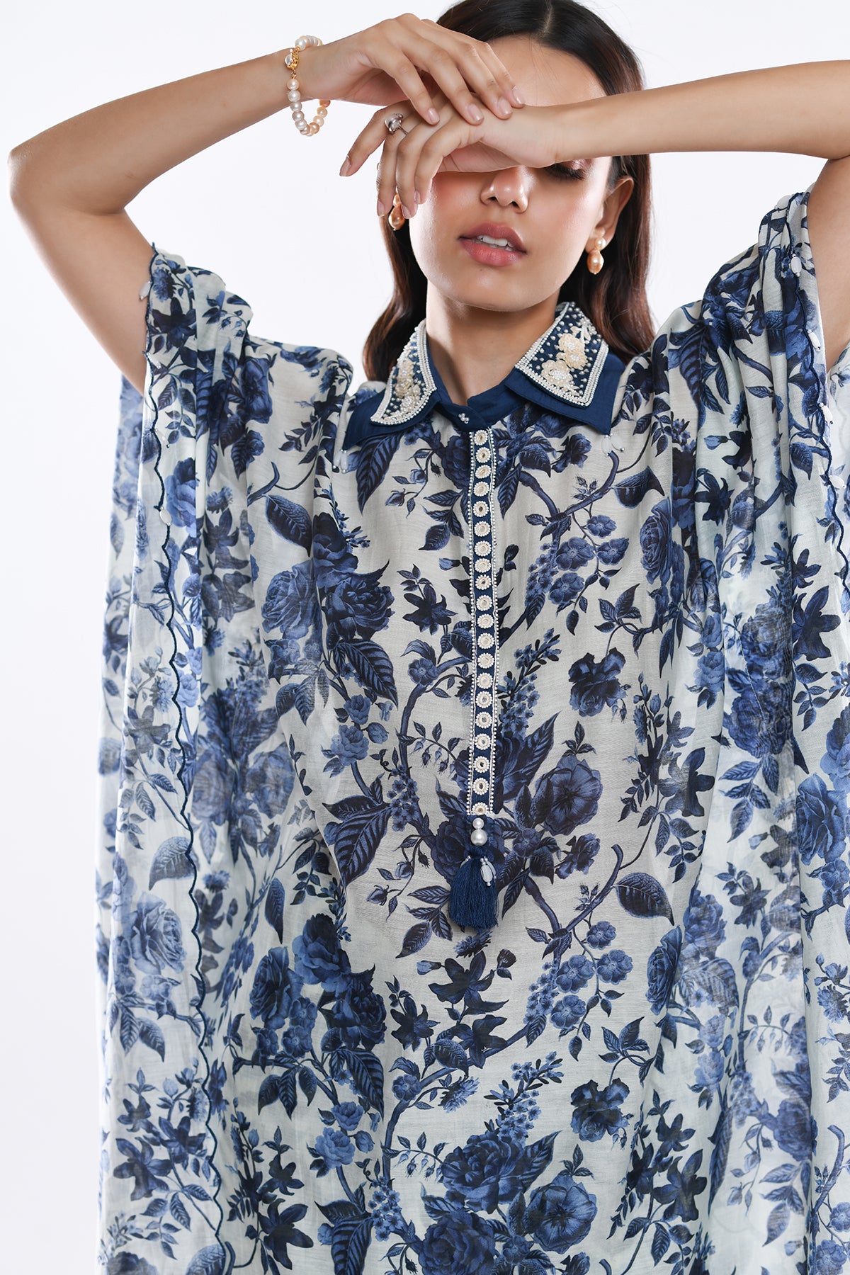 Chandni Blue Embellished Collar Kaftaan Set