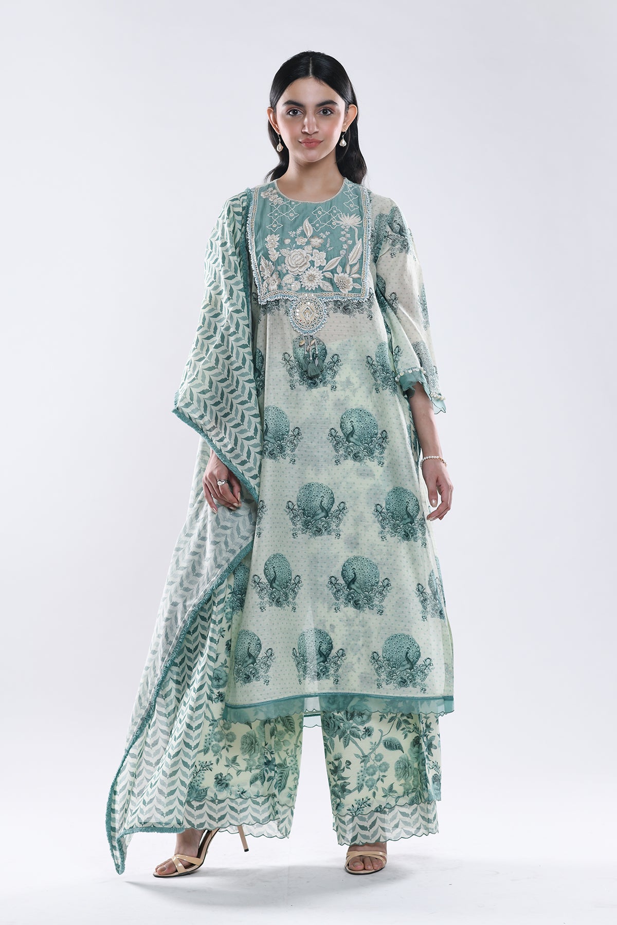 Chandni Sage Green Floral Jaali Kurta Set