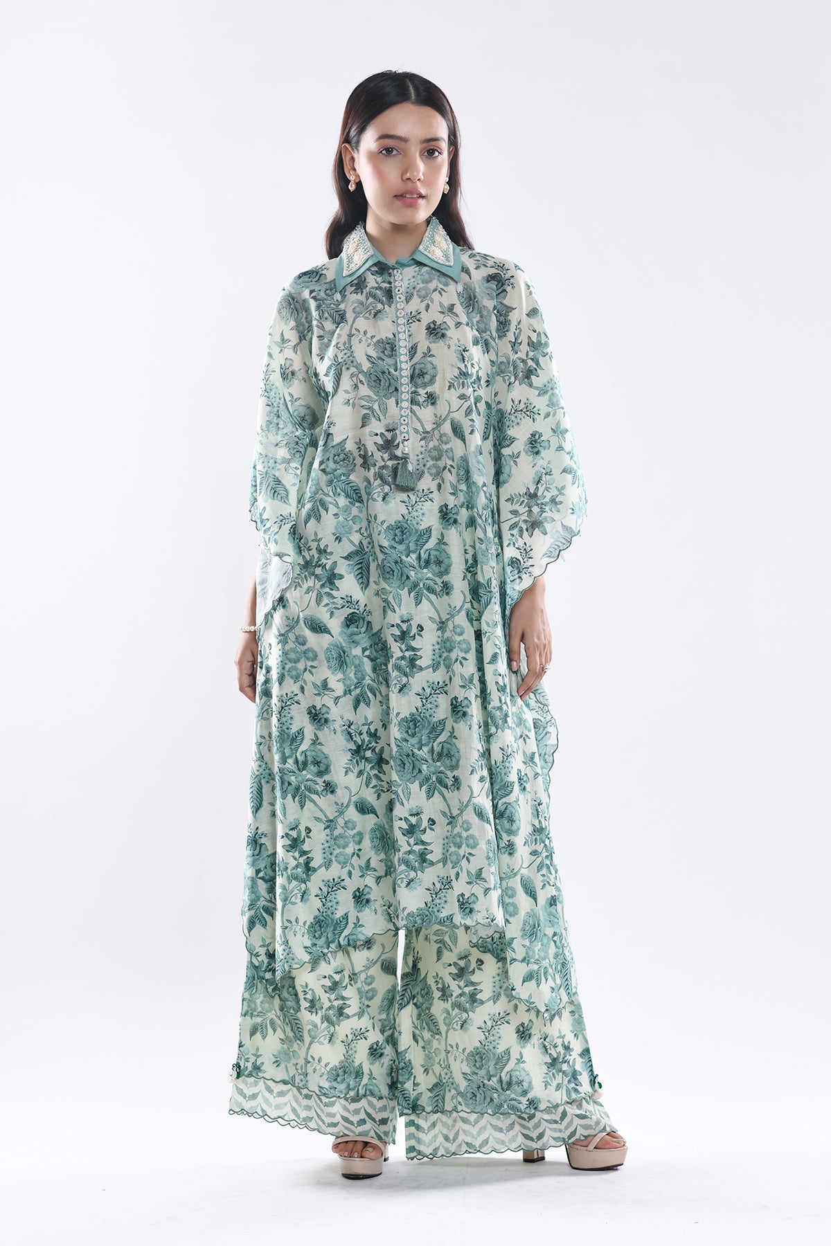 Chandni Sage Green Embellished Collar Kaftaan Set