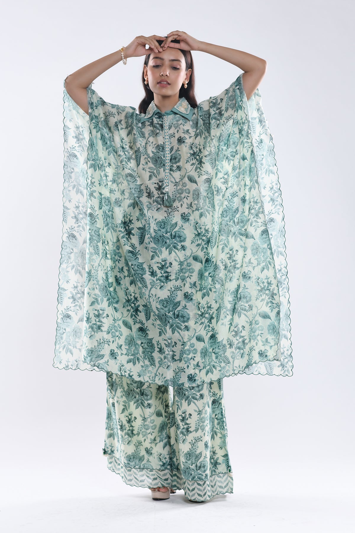Chandni Sage Green Embellished Collar Kaftaan Set