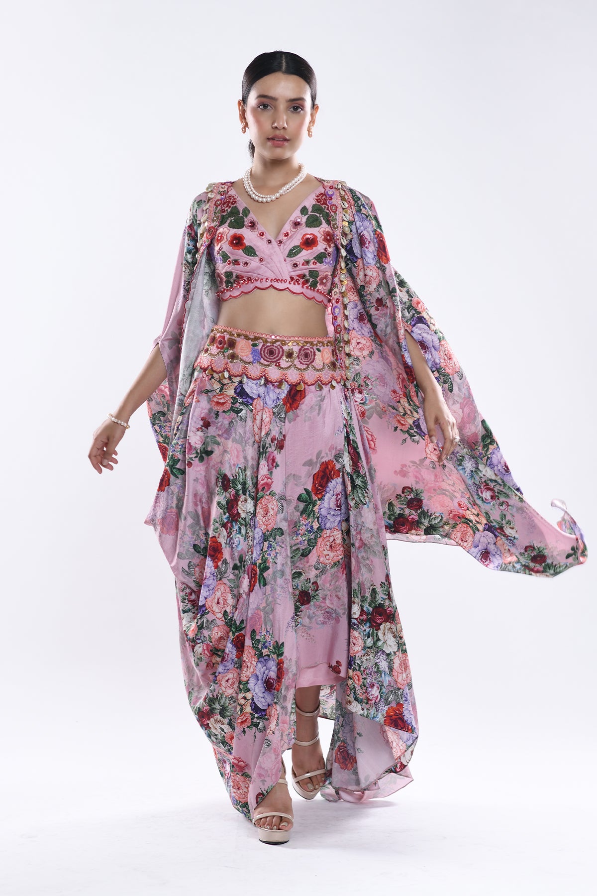 Printed Cape And Draped Skirt Set